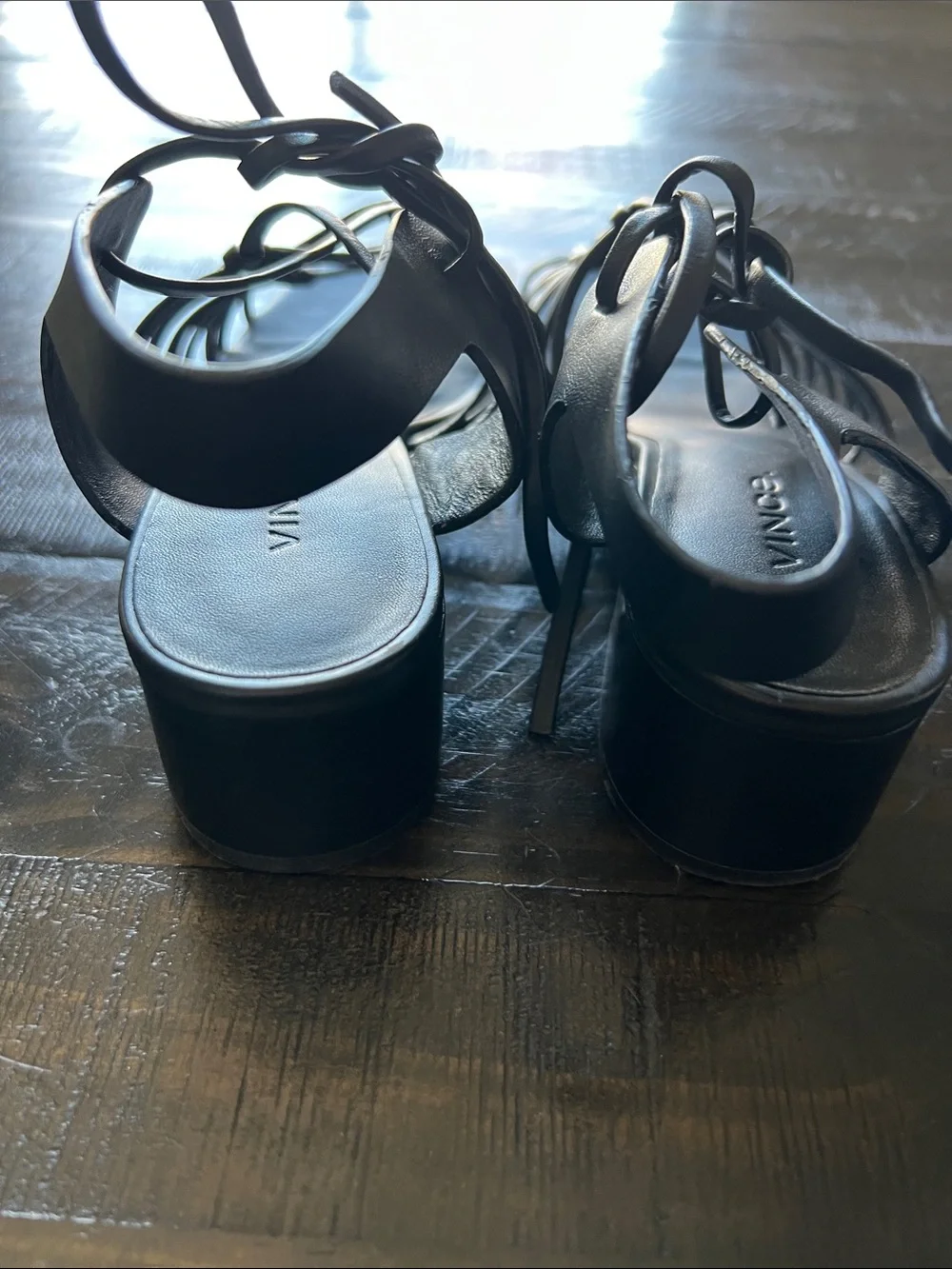 Vince Black Knotted Leather Strappy Sandals with Block Heel